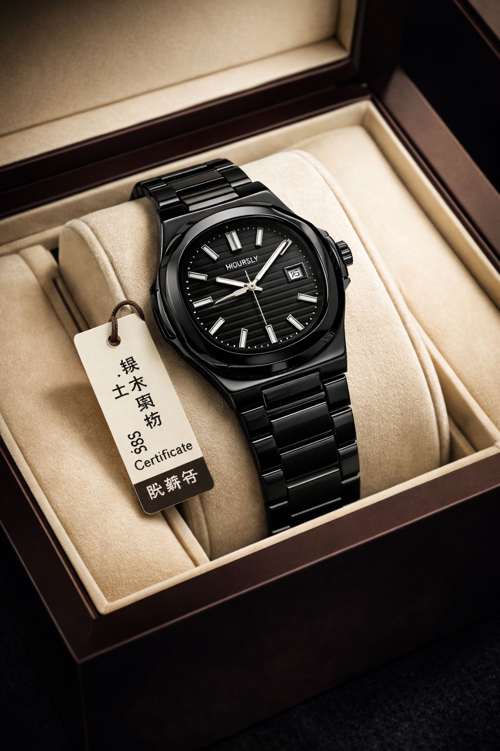 HOURLY Men’s Stealth Black Luxury Watch - Classic Octagonal Ceramic-Style Design