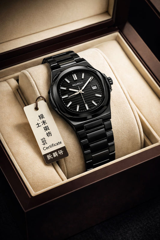 HOURLY Men’s Stealth Black Luxury Watch - Classic Octagonal Ceramic-Style Design