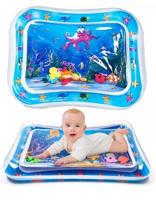 Inflatable baby water mat with underwater world theme and floating sea creatures for tummy time play