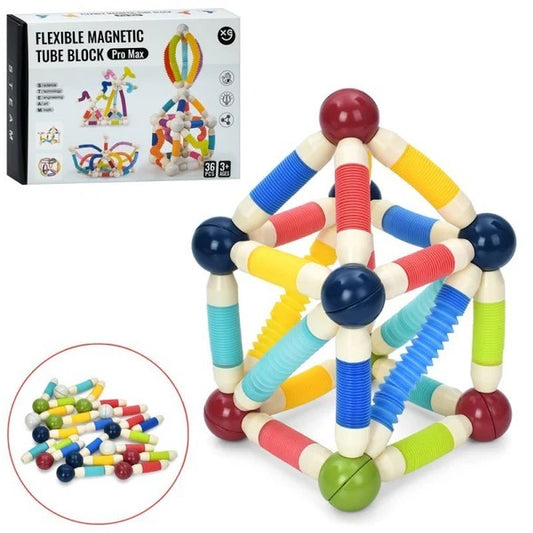 36-piece flexible magnetic tube block set showing a constructed 3D cube and original packaging.