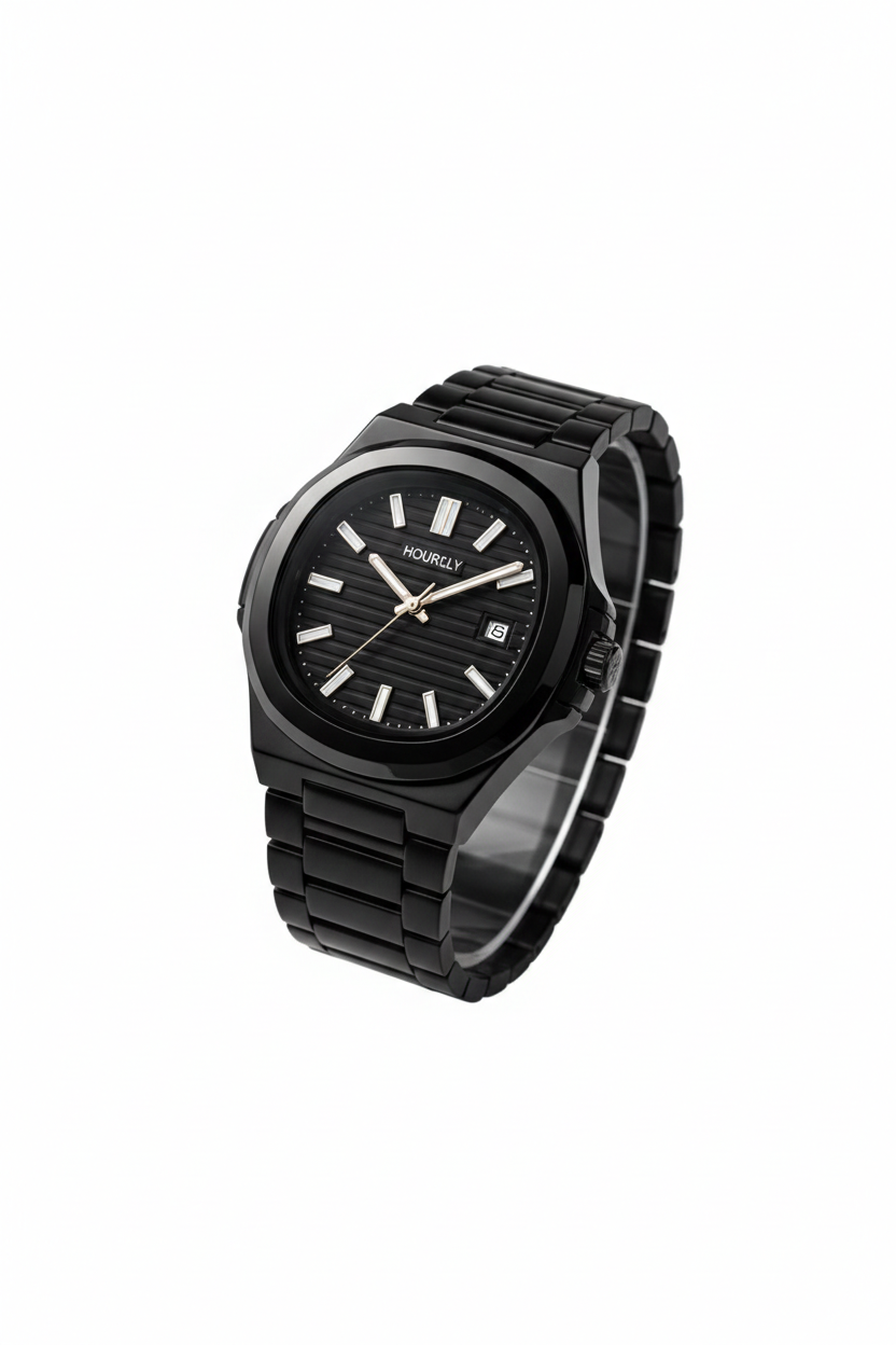HOURLY Men’s Stealth Black Luxury Watch - Classic Octagonal Ceramic-Style Design