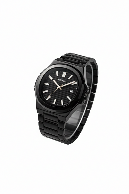 HOURLY Men’s Stealth Black Luxury Watch - Classic Octagonal Ceramic-Style Design