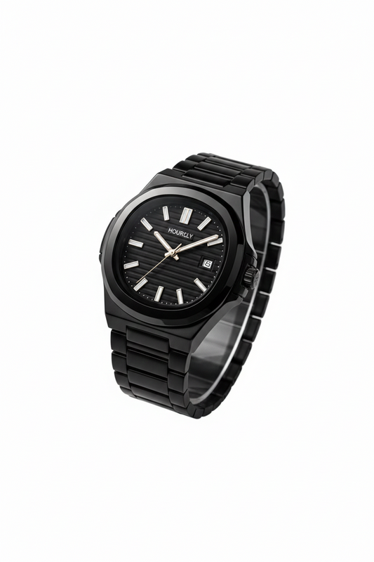 HOURLY Men’s Stealth Black Luxury Watch - Classic Octagonal Ceramic-Style Design