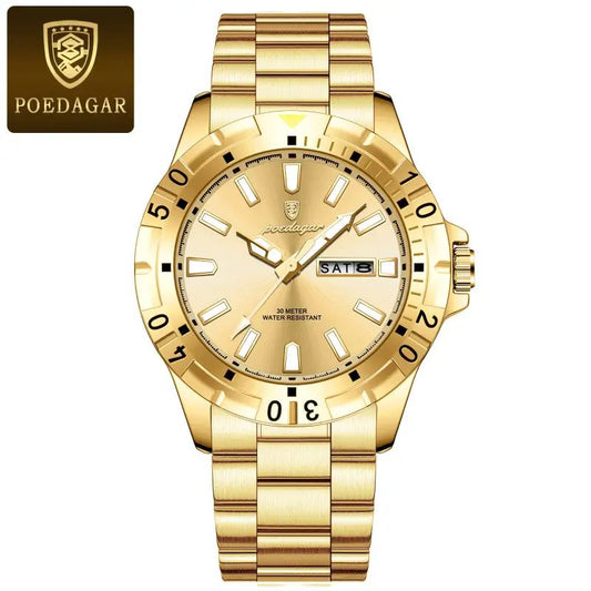 Poedagar Luxury Men's Gold Stainless Steel Business Watch