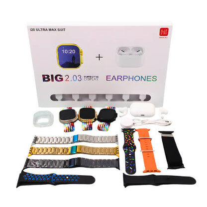 i20 Ultra Max Suit – 10-in-1 Smartwatch & Earbuds Bundle with 7 Interchangeable Straps