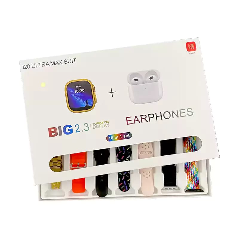 i20 Ultra Max Suit – 10-in-1 Smartwatch & Earbuds Bundle with 7 Interchangeable Straps