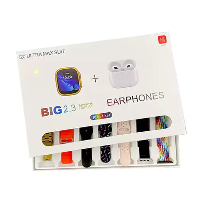 i20 Ultra Max Suit – 10-in-1 Smartwatch & Earbuds Bundle with 7 Interchangeable Straps