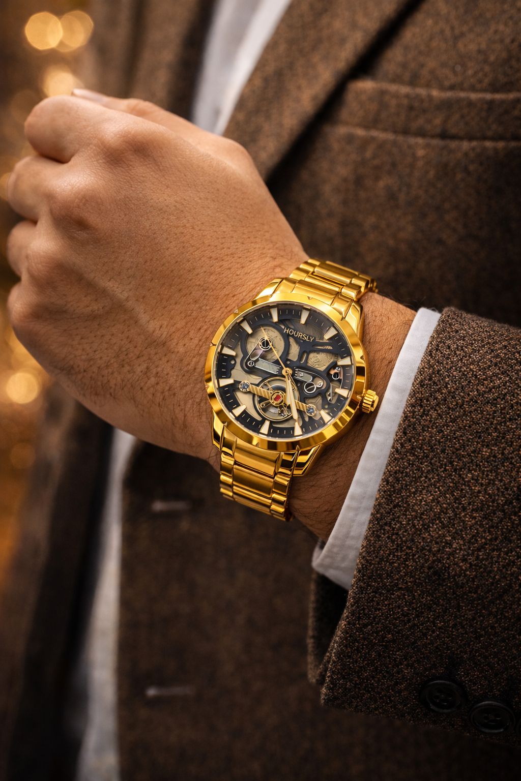 Hoursly two-tone gold and silver skeleton watch with visible mechanical gears and stainless steel chain