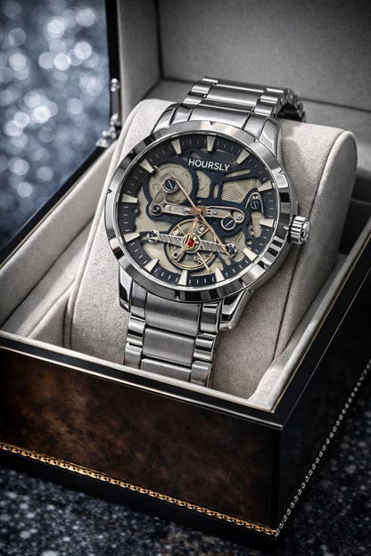Hoursly two-tone  silver skeleton watch with visible mechanical gears and stainless steel chain
