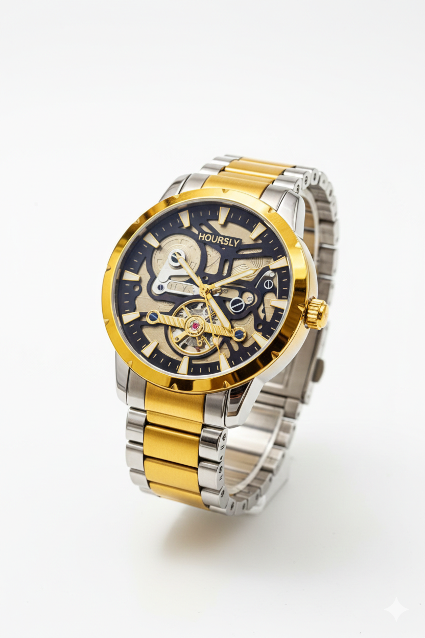 Hoursly two-tone gold and silver skeleton watch with visible mechanical gears and stainless steel chain
