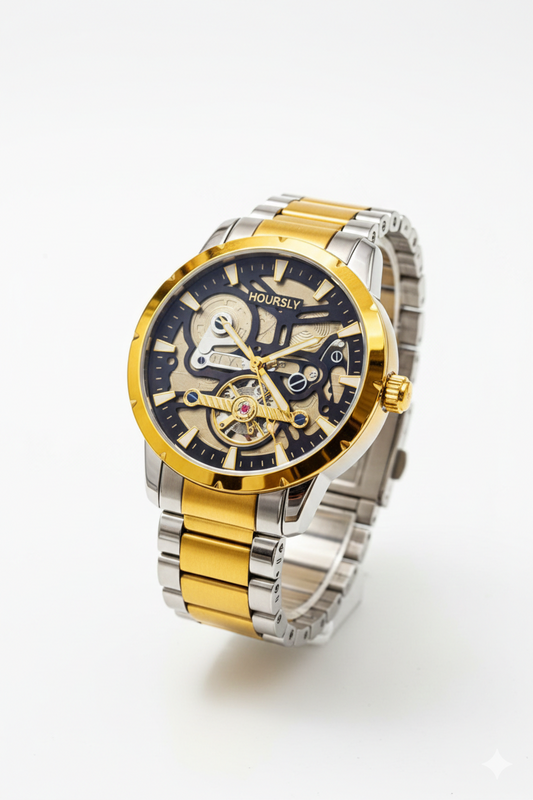 Hoursly two-tone gold and silver skeleton watch with visible mechanical gears and stainless steel chain