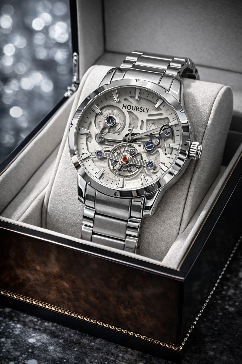 Hoursly two-tone gold and silver skeleton watch with visible mechanical gears and stainless steel chain