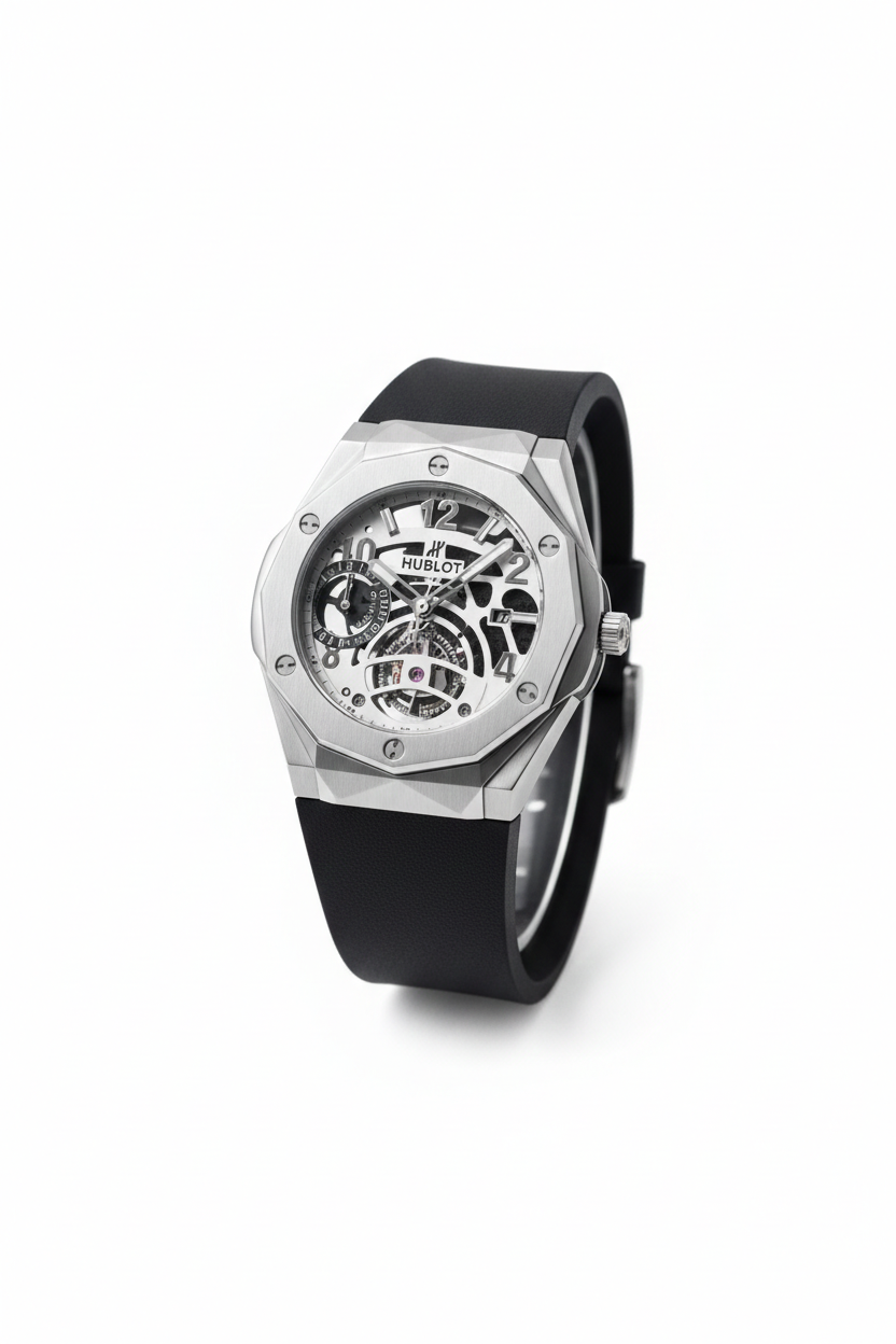 Hublot Style Skeleton Dial Watch with Silver Octagonal Bezel and Black Rubber Strap