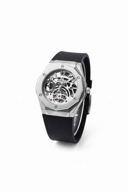 Hublot Style Skeleton Dial Watch with Silver Octagonal Bezel and Black Rubber Strap