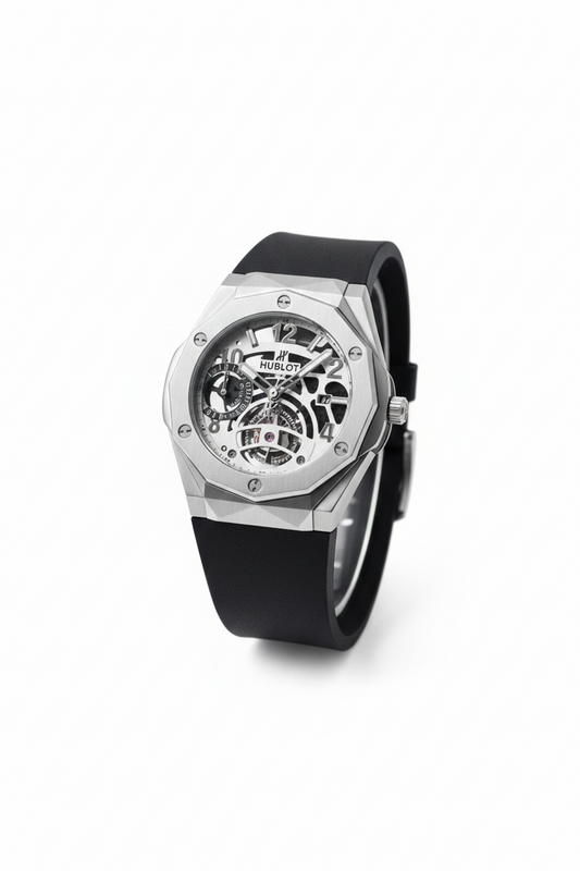 Hublot Style Skeleton Dial Watch with Silver Octagonal Bezel and Black Rubber Strap