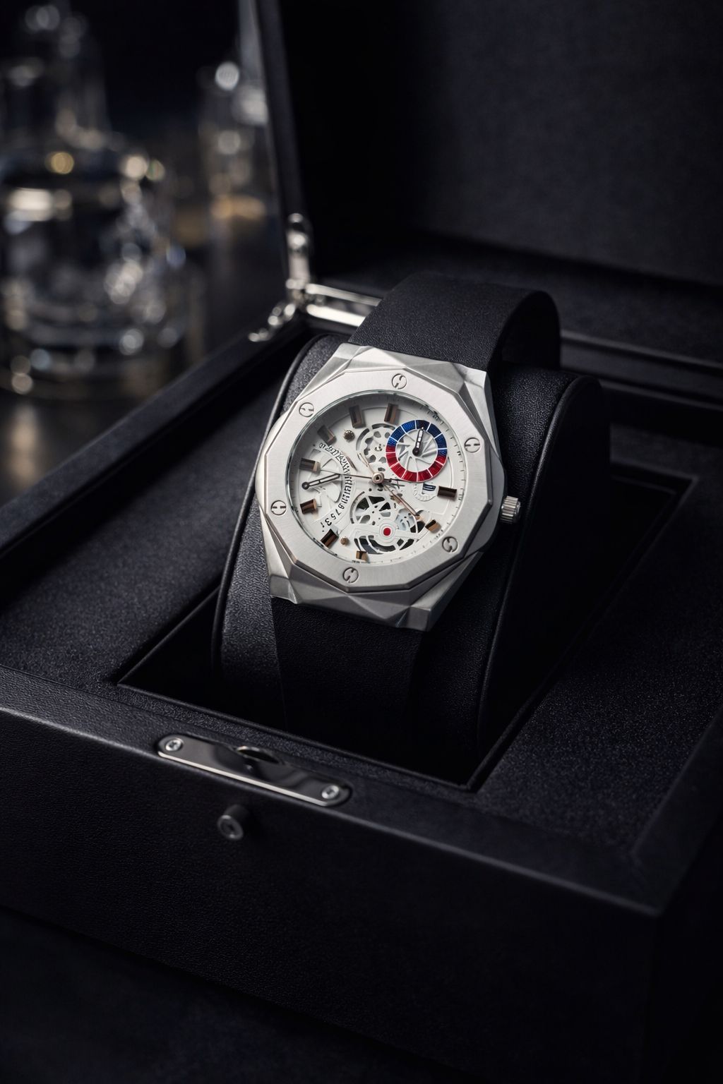 Hublot Style Skeleton Dial Watch with Silver Octagonal Bezel and Black Rubber Strap