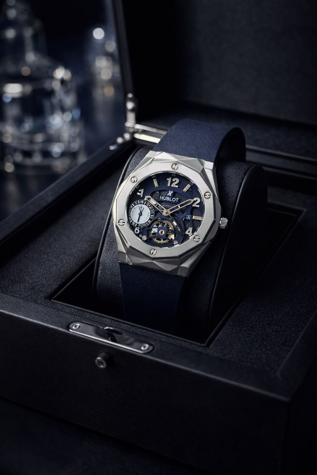 Hublot Style Skeleton Dial Watch with Silver Octagonal Bezel and Blue Rubber Strap