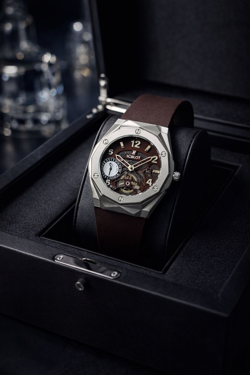 Hublot Style Skeleton Dial Watch with Silver Octagonal Bezel and Brown Rubber Straps