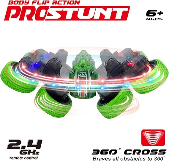 PRO STUNT 360 degree cross remote control car with green tires and body flip action