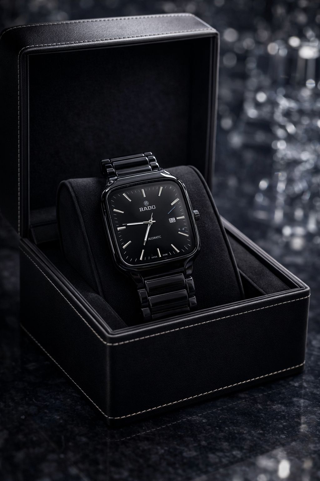 Rado luxury true square men's watch with black dial and stainless steel chain in a premium gift box