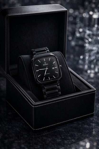 Rado luxury true square men's watch with black dial and stainless steel chain in a premium gift box