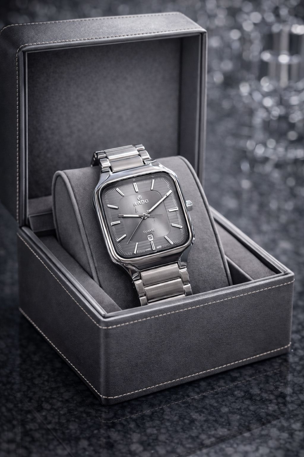 Rado luxury true square men's watch with Grey dial and stainless steel chain in a premium gift box