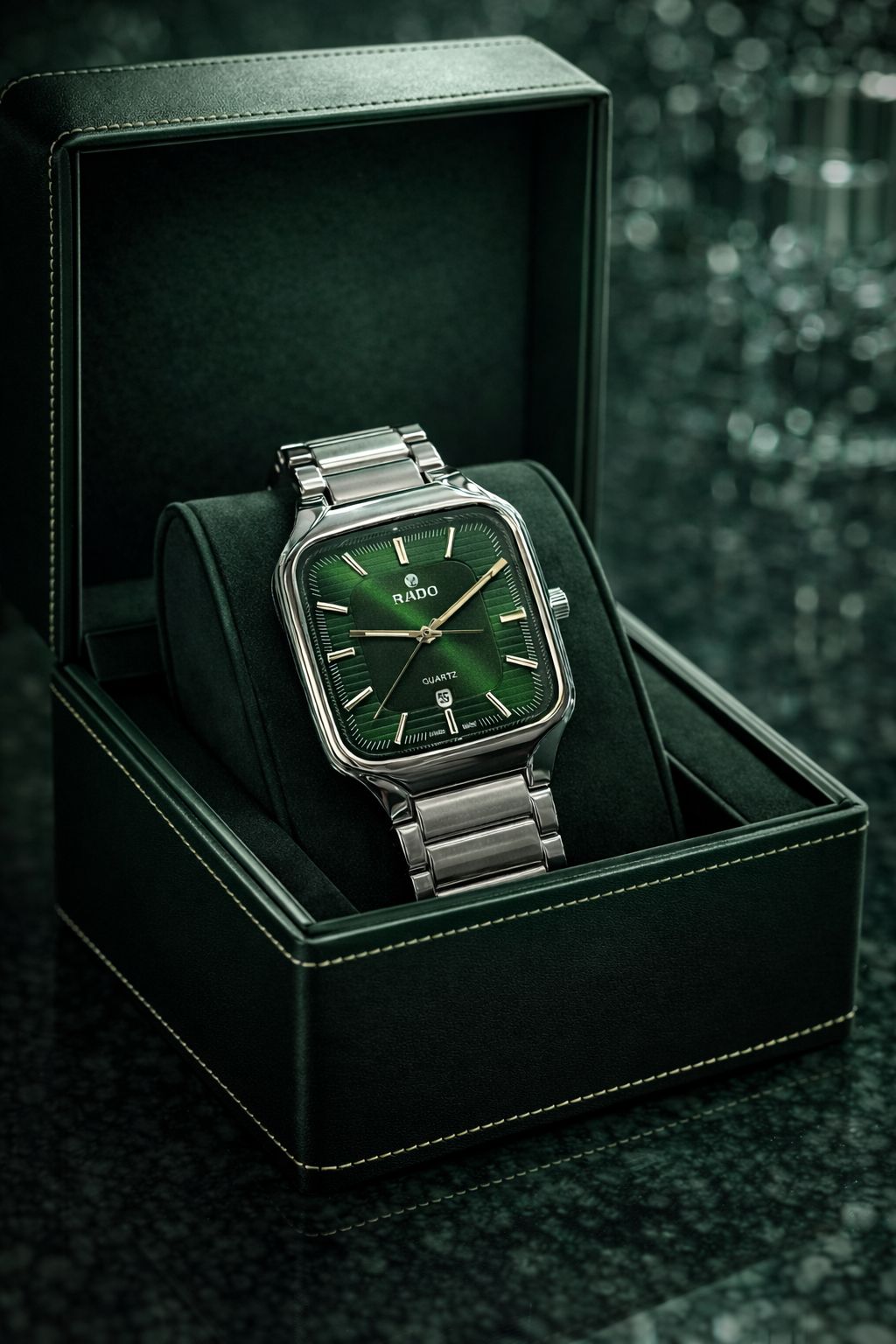 Rado luxury true square men's watch with Green dial and stainless steel chain in a premium gift box