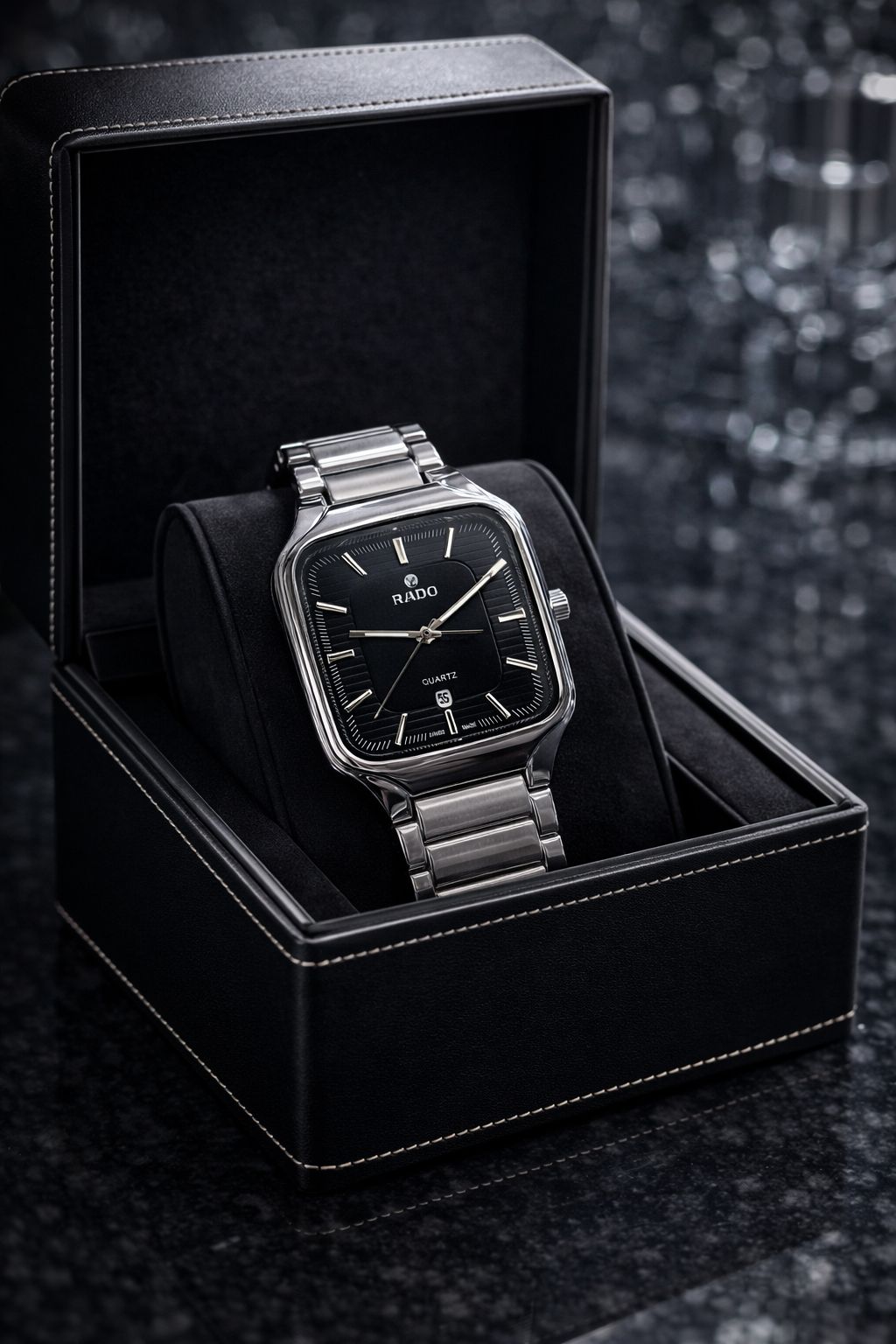 Rado luxury true square men's watch with black dial and stainless steel chain in a premium gift box