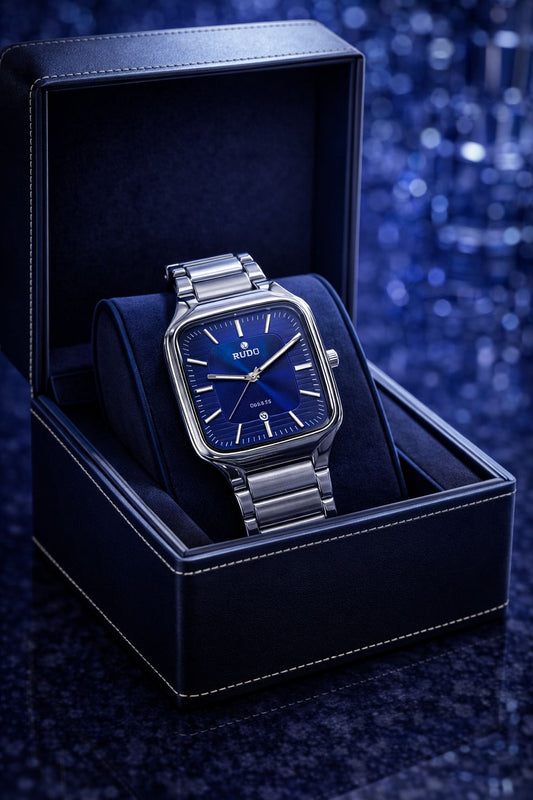 Rado luxury true square men's watch with blue dial and stainless steel chain in a premium gift box