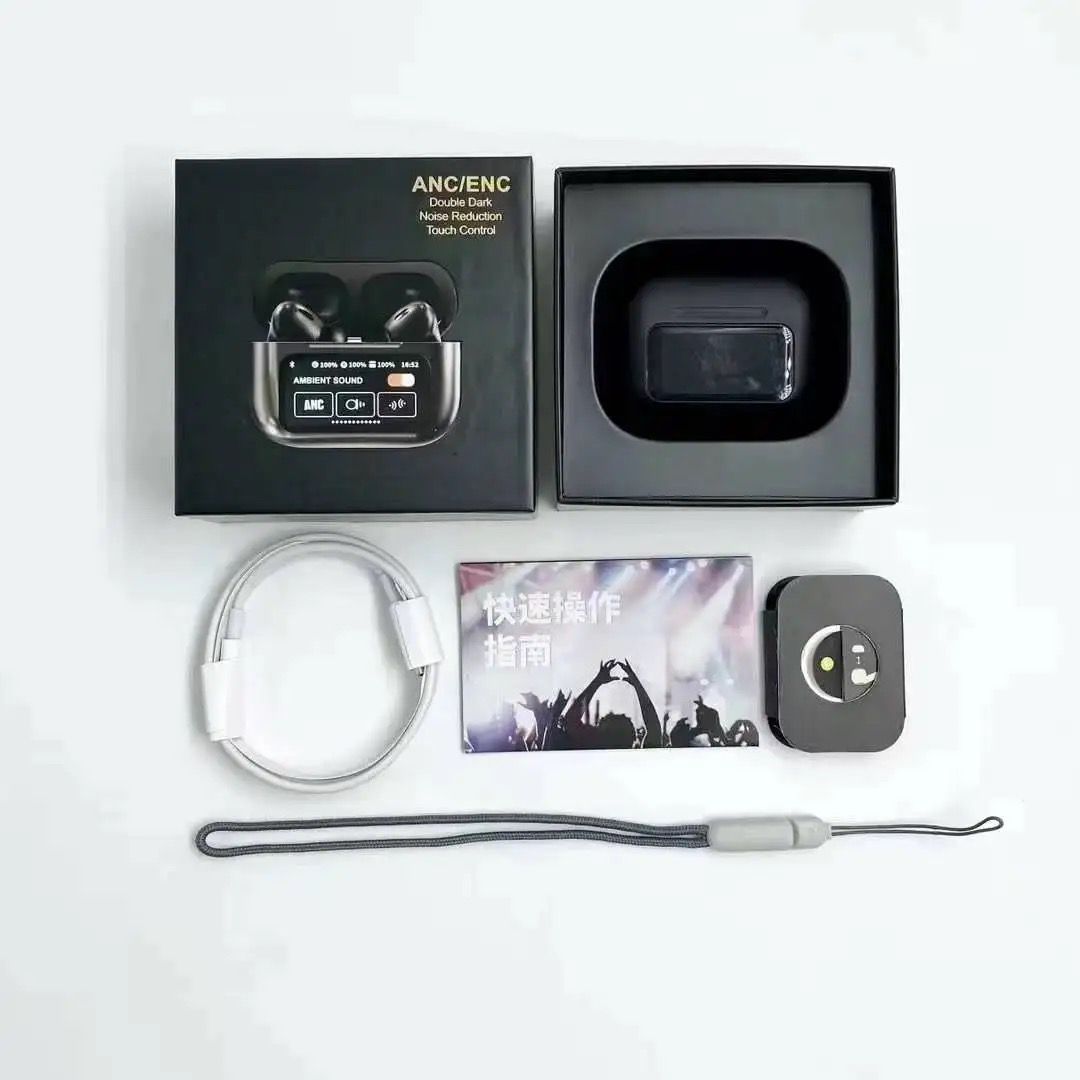 Smart earbuds box set including charging case, extra ear tips, lanyard, and charging cable