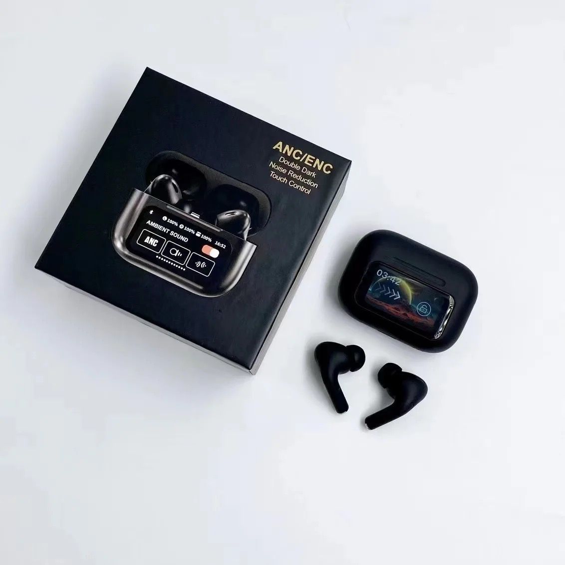 Smart case wireless earbuds in black with LED touch screen display and Usb Cable 