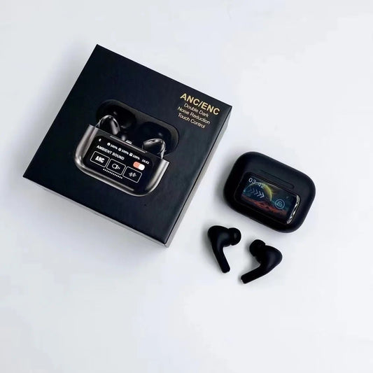 Smart case wireless earbuds in black with LED touch screen display and Usb Cable 