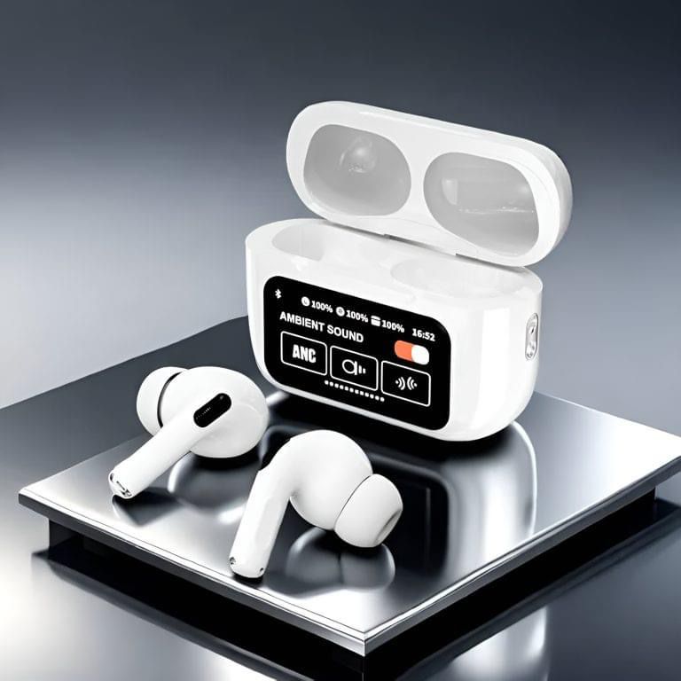 Premium white smart case earbuds with ANC noise reduction and touch control screen