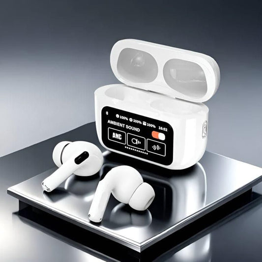 Premium white smart case earbuds with ANC noise reduction and touch control screen