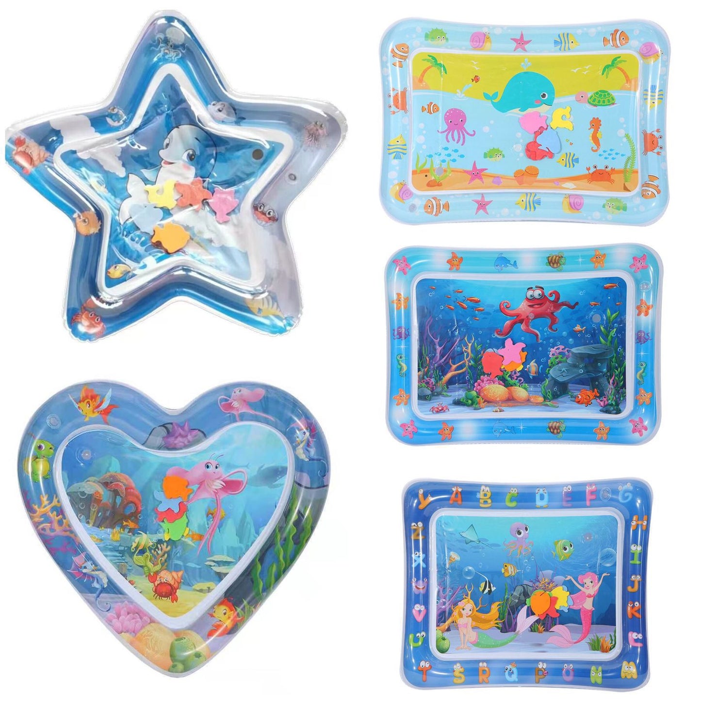 Inflatable baby water mat with underwater world theme and floating sea creatures for tummy Play Time 